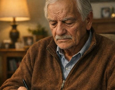 a man sitting on a couch with a pen and a pen