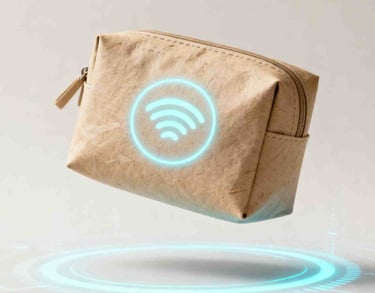 A futuristic cosmetic pouch made from eco-materials with an NFC technology halo, symbolizing GWP inn