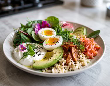 Gut-Friendly Keto Glow Bowl with cauliflower rice, avocado,sauerkraut,and soft-boiled eggs in a bowl