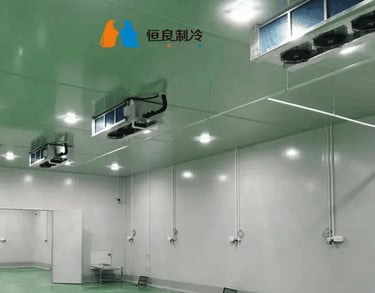 industrial meat cold storage room with hanging carcasses and temperature control system