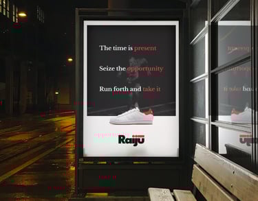 Raiju motivational poster on a bus stop in a dimly-lit street