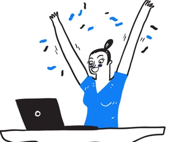 Ilustração de mulher comemorando sucesso em frente ao laptop