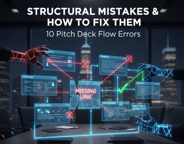  A futuristic digital interface displaying a flowchart of pitch deck structure errors with holograph