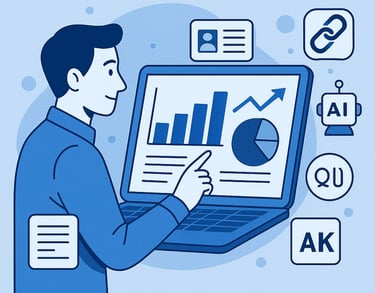 Ilustración de un profesional analizando gráficos en una laptop con iconos de SEO, inteligencia artificial y enlaces. Represe