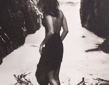 SIlver and Platinum photo of a woman in a black dress standing on a beach