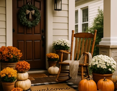 Inviting fall porch with rocking chair, stacked pumpkins, potted white and orange mums, door wreath,
