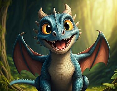 A friendly, smiling Macky with blue skin and large yellow eyes