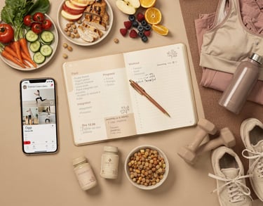 Flat lay con taccuino e smartphone su un tavolo