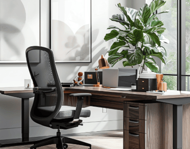 Imagén de un despacho elegante con muebles de roble, paredes blancas, plantas y cristalera.