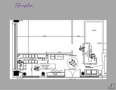 a drawing of a waiting area with seating and reception desk