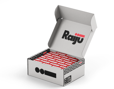 Open Raiju shoe box in white with poppy red tissue
