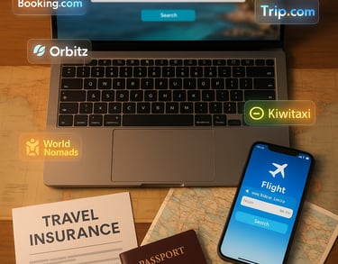 Flat lay of trusted travel resources including a laptop, smartphone with flight apps, passport, world map, and icons of Booki