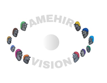 a group of people in a circle, forming an eye, with the words "amehir vision"