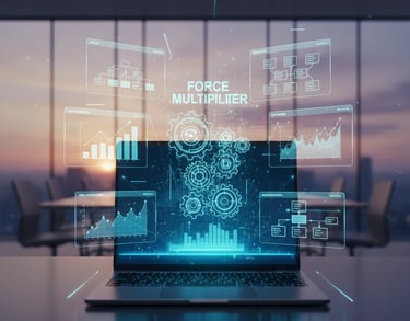 A futuristic digital workspace featuring holographic data visualizations and gear icons symbolizing 