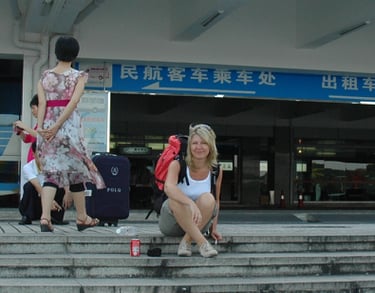Tracey Billington chilling at the Guilin airport, China