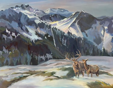 'Echoes of Nature' 24x30 inches Mountain Landscape with Elk Oil Painting by Angela Moiseieva