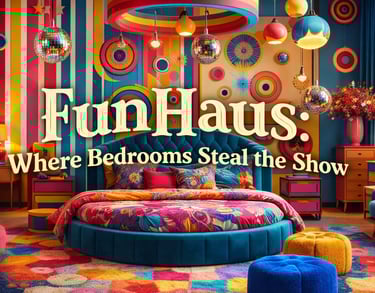 Cinematic FunHaus bedroom interior inspired by modern circus aesthetics.