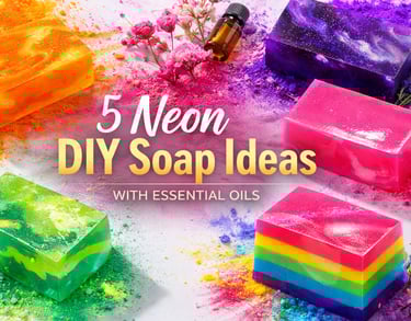 Editorial lifestyle flat lay featuring five neon handmade soap bars arranged in a loose, artistic 