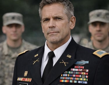a man in uniform standing in front of a group of soldiers