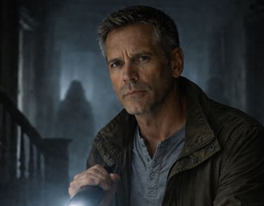 a man in a dark room with a flashlight light shining on his hand