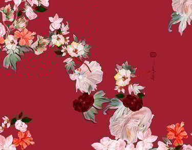 Estampa floral oriental com peixes, flores e folhas, desenvolvida com exclusividade e pintada a mão