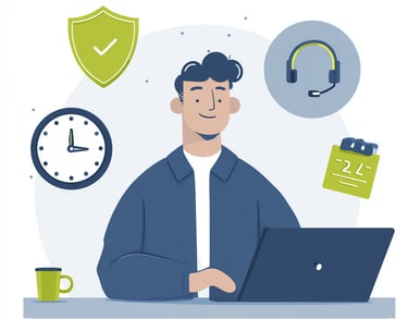 a man sitting at a desk with a laptop and a clock