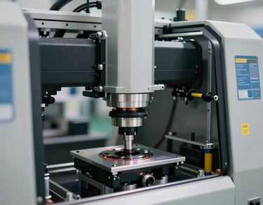 Close-up of a high-tech manufacturing facility in Estonia, focusing on clean automated machinery and bright, neutral lighting, professional photography.