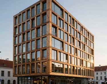Modern architecture in Tallinn, featuring sustainable timber and glass design, shot during the soft golden hour, Northern European / Baltic / Estonian.