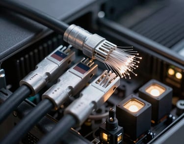 Macro shot of silver fiber optic cables and server lights, representing Estonia's digital infrastructure, high-contrast professional style.