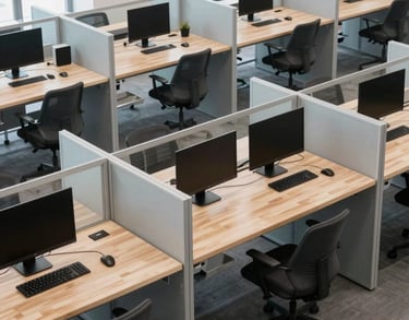 Clean, high-angle shot of a modern Estonian tech workspace with light wood surfaces, glass partitions, and a palette of pale grey and muted blue, Northern European / Baltic / Estonian style.