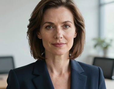 Professional headshot of a woman in her 40s wearing a smart navy blazer, soft natural lighting in a minimalist office setting, Northern European / Baltic / Estonian aesthetic.