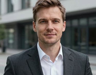 Professional headshot of a man in a business suit, looking approachable, modern architecture in the blurred background, Northern European / Baltic / Estonian.