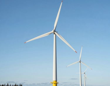 A view of an Estonian offshore wind farm under a bright clear sky, representing sustainable energy trends in the region, crisp professional photography.