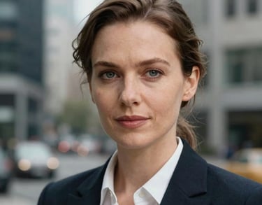 Professional headshot of a woman in business casual attire, soft focus on an urban office background, Northern European / Baltic / Estonian.