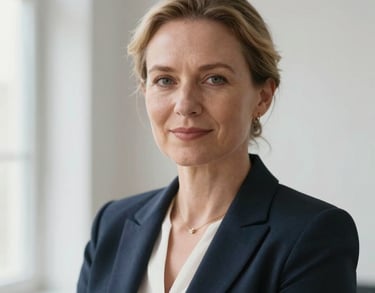 Professional headshot of a woman in business attire, clean minimalist background, natural light from a window, Northern European / Baltic / Estonian.