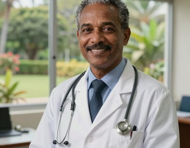 Portrait of a friendly medical doctor in a consultation room in Mauritius, with a window overlooking a peaceful garden. The doctor has a kind expression, exuding trust and professional expertise.