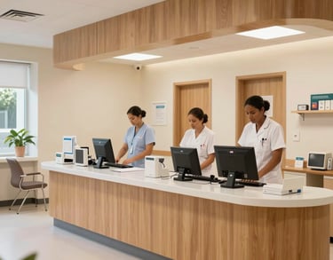 A clean and modern nursing station in Mauritius, designed with soft colors and wood accents to maintain a professional yet warm feel. Staff members are visible in the background working quietly.