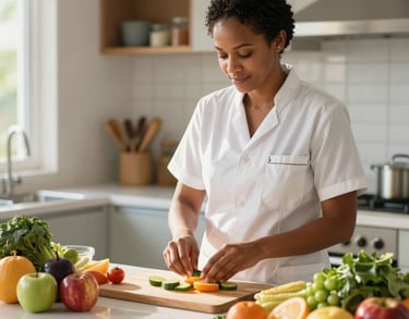 A professional nutritionist in a bright, clean kitchen setting in Mauritius, preparing fresh, vibrant local fruits and vegetables. The scene is lit with warm, natural sunlight, emphasizing health and care.