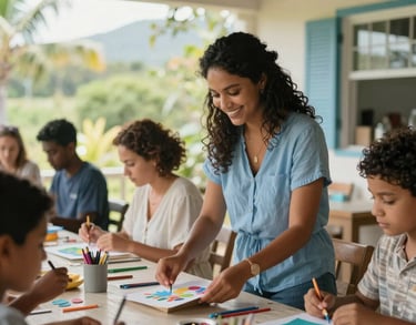 A cheerful activities coordinator organizing a light arts and crafts session in a breezy, open-air terrace in Mauritius. The atmosphere is colorful yet calm, with soft blue and beige decor.