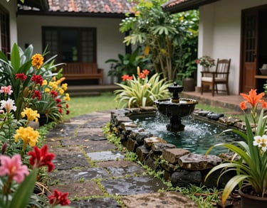 Photography of a peaceful courtyard in Mauritius with a small water feature and natural stone paths, surrounded by vibrant local flowers. It represents the calming environment of the home.