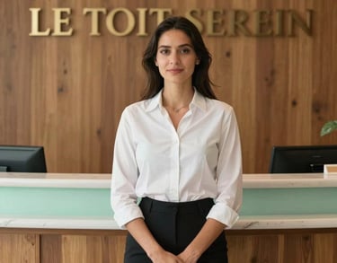 A serene management professional standing in the elegant reception area of LE TOIT SEREIN in Mauritius. The background shows soft wood textures and light green accents, looking warm and inviting.