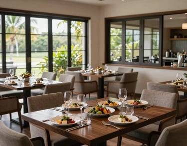 An elegant dining room in Mauritius with large windows and comfortable seating. The tables are neatly set for a nutritious meal, reflecting a clean and professional living environment.
