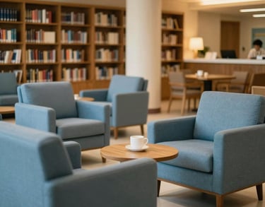 A serene common lounge at a Mauritian nursing home, featuring soft blue armchairs and a library area. The lighting is soft and golden, creating a warm and comforting atmosphere.