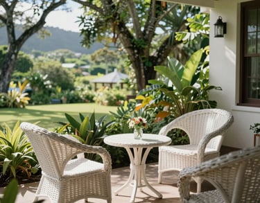 A sun-drenched veranda with white wicker chairs overlooking a peaceful Mauritian garden. This is a space for residents to relax and enjoy the fresh air and natural beauty.