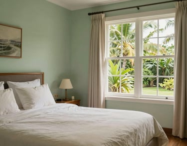 A bright and airy private bedroom at LE TOIT SEREIN in Mauritius. The room features soft beige linens, light green walls, and a large window with a view of tropical plants, designed for comfort and dignity.