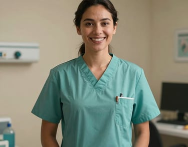 Portrait of a smiling professional nurse in clean attire standing in a well-lit medical office in Mauritius. The lighting is warm and reassuring, using a background of beige and muted teal colors.