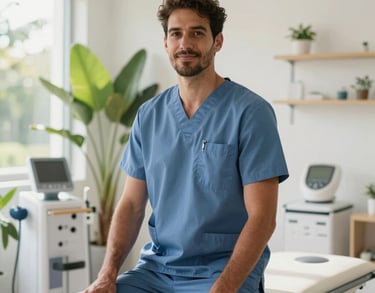 Portrait of a kind-looking male physical therapist in a bright, modern rehabilitation room in Mauritius. He is surrounded by light green plants and clean, elegant equipment, with soft morning light.