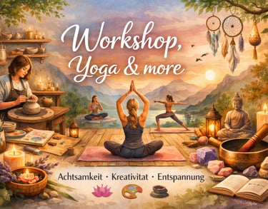 Wellness retreat illustration featuring a pottery workshop, yoga poses, and meditation at sunset.