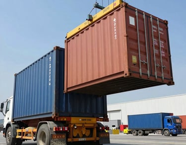 Workers efficiently loading goods into a container using a forklift.