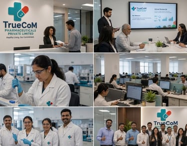 Collage of TrueCoM Pharmaceuticals team in lab, office, and meeting settings.
